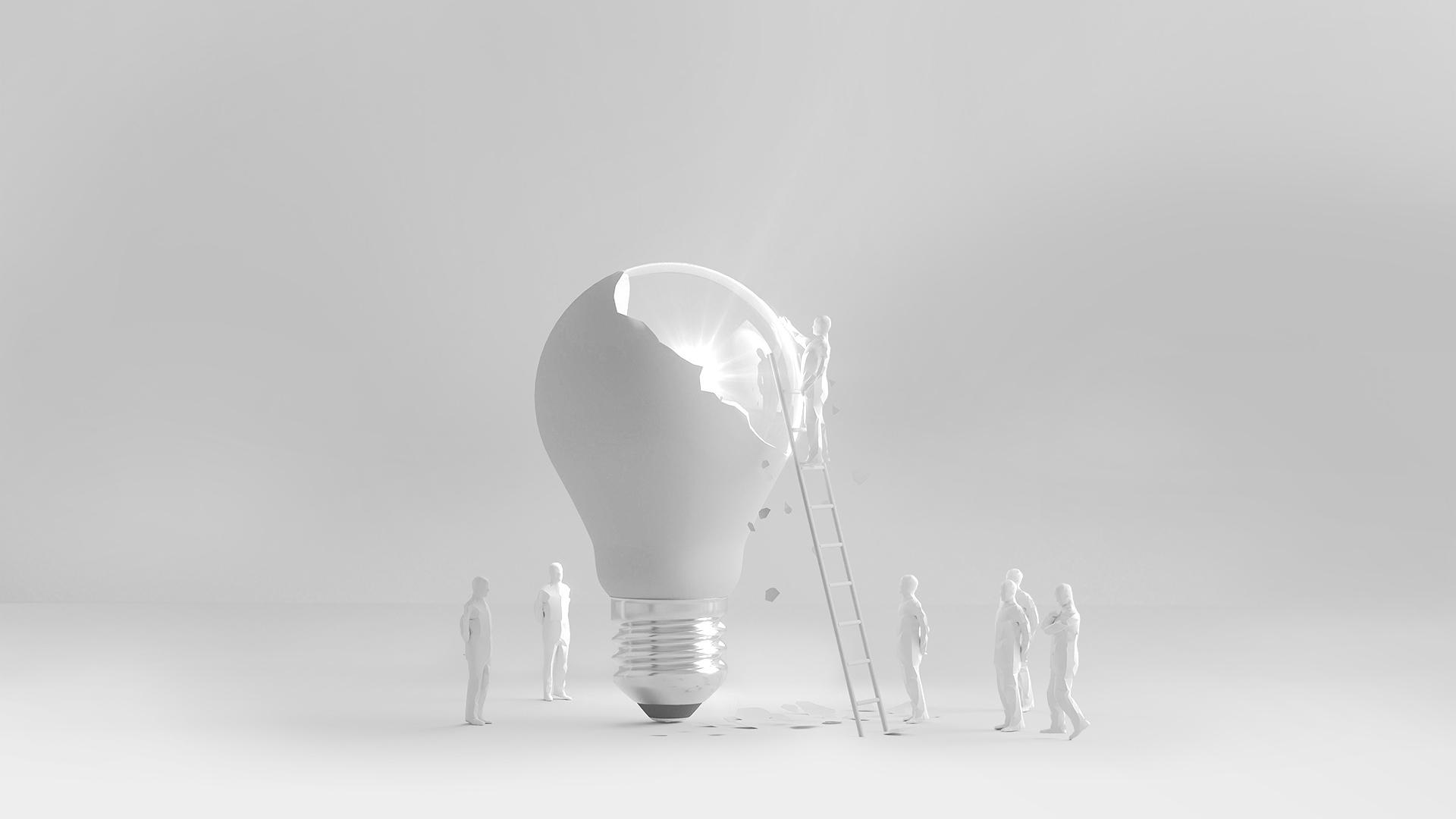 White clay figures raising a ladder into a giant broken lightbulb